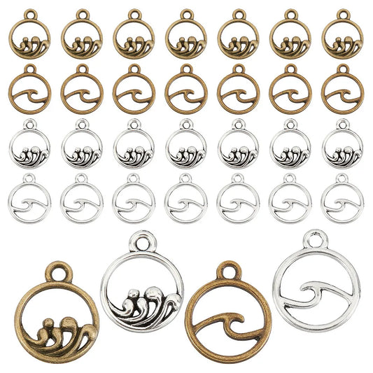 1 Box 80Pcs 4 Styles Alloy Pendants Flat Round with Wave Antique
